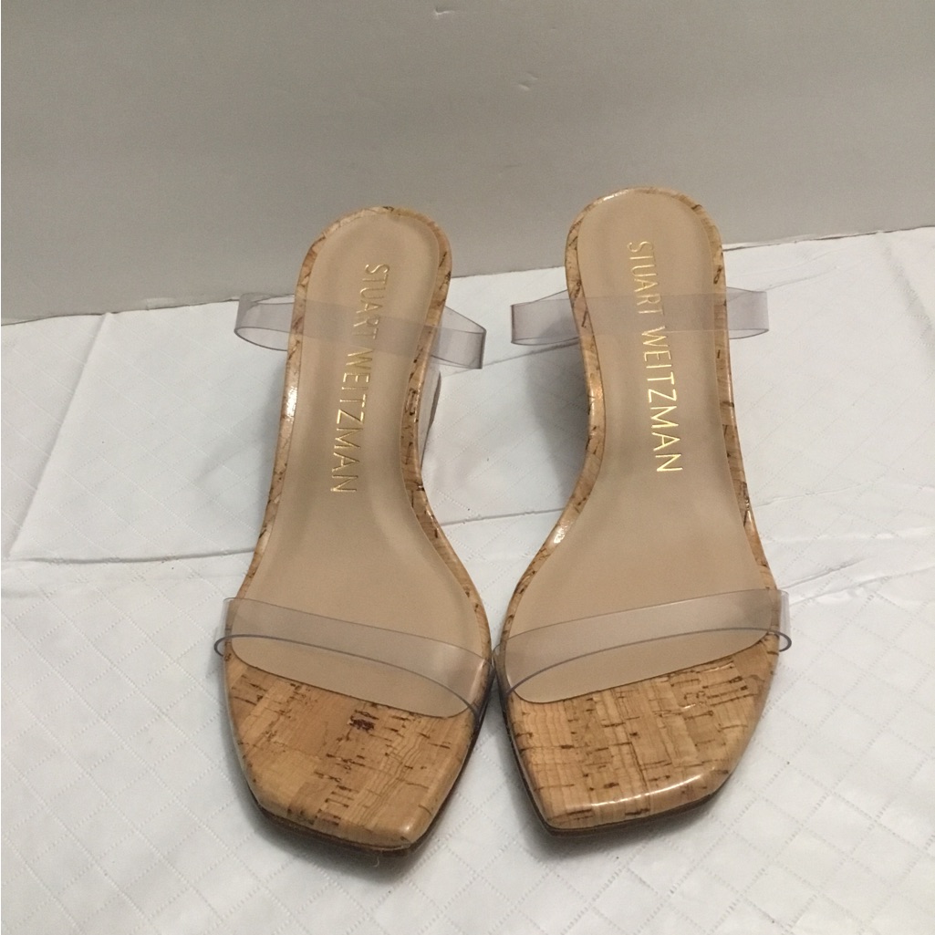 Stuart Weitzman Clear-Strap Beige Cork Block Heel Sandals